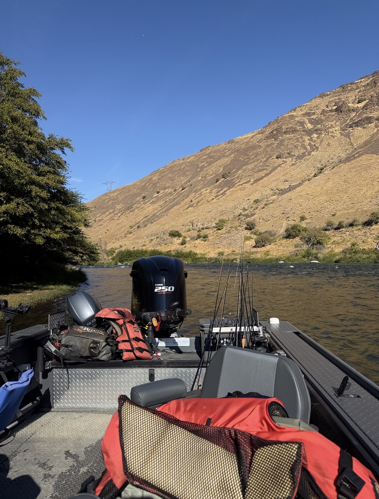 Jet sled on the Deschutes River with rods rigged and canyon walls behind