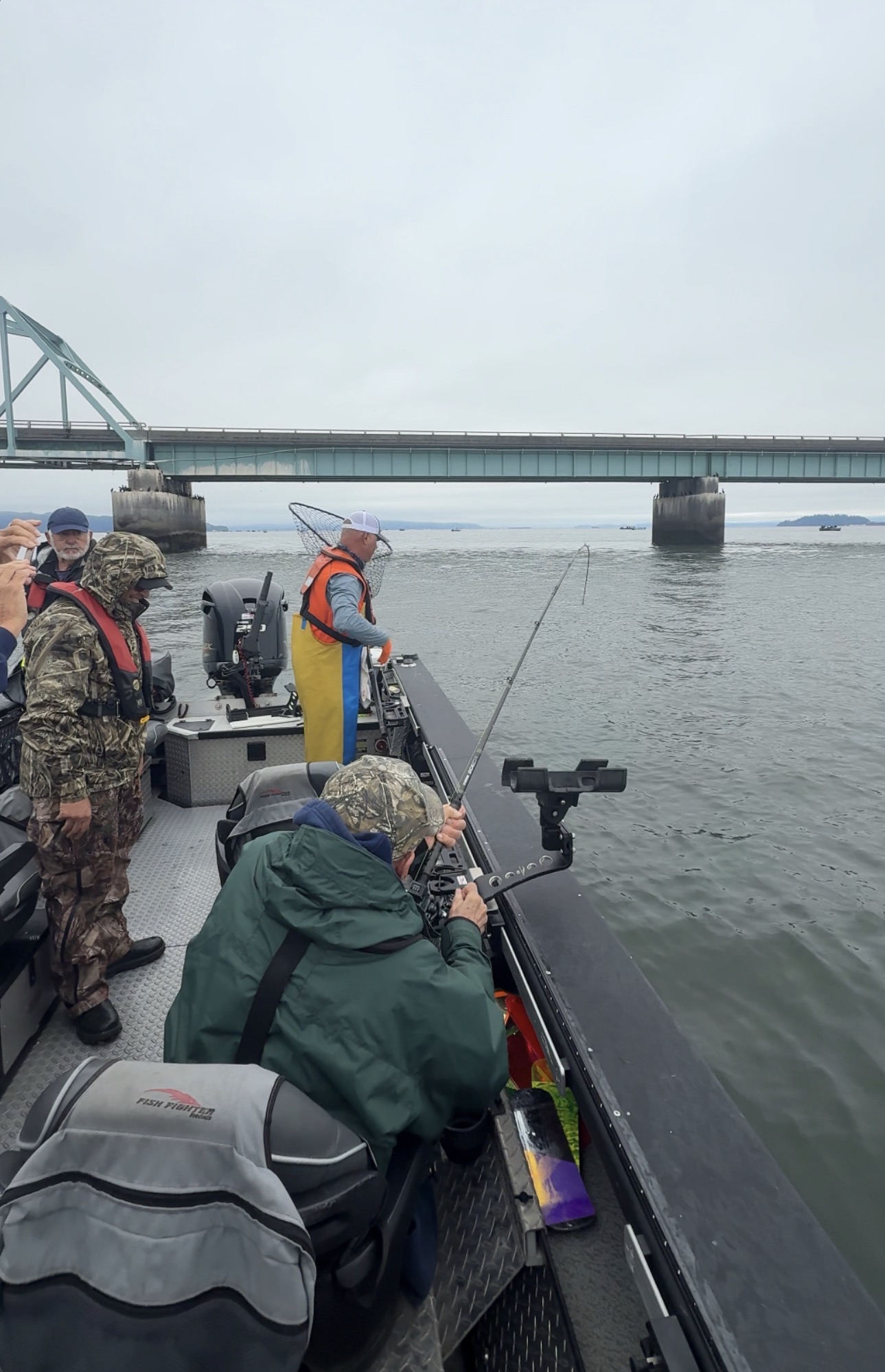 Anglers side-drifting under the Youngs Bay Bridge in Astoria