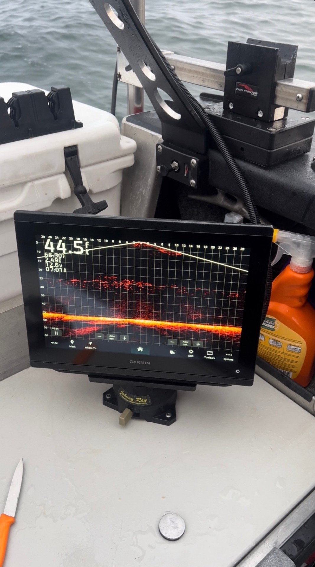 Garmin sonar showing fish stacked on the Columbia River